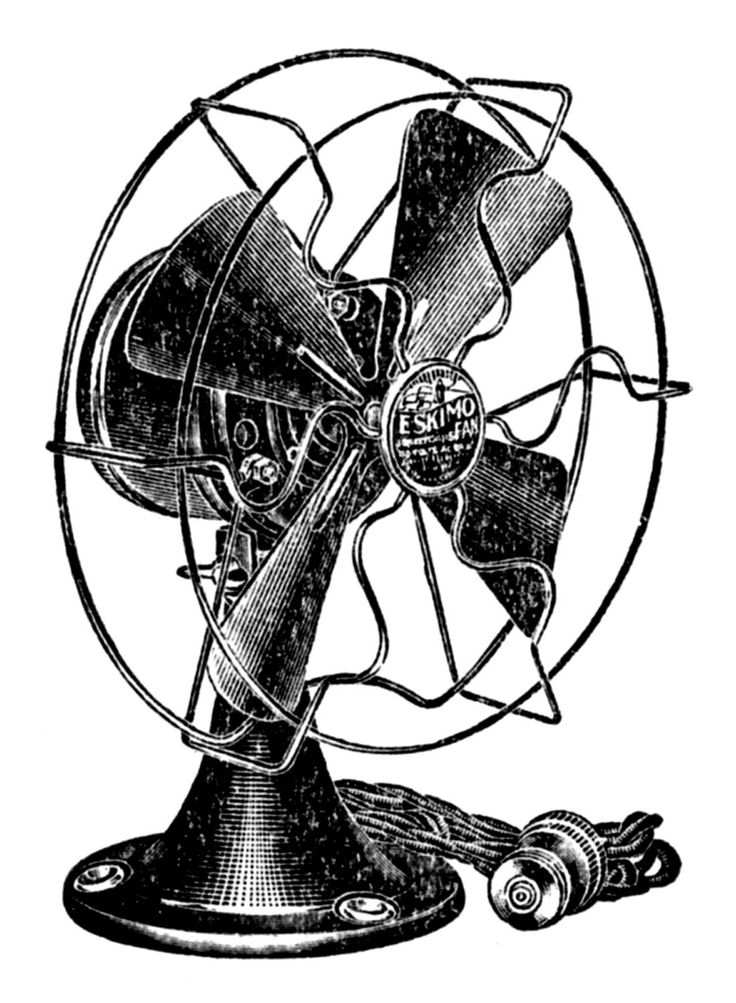 Vintage Eskimo electric fan illustration with wire cage, four blades, and pull-chain switch on base.