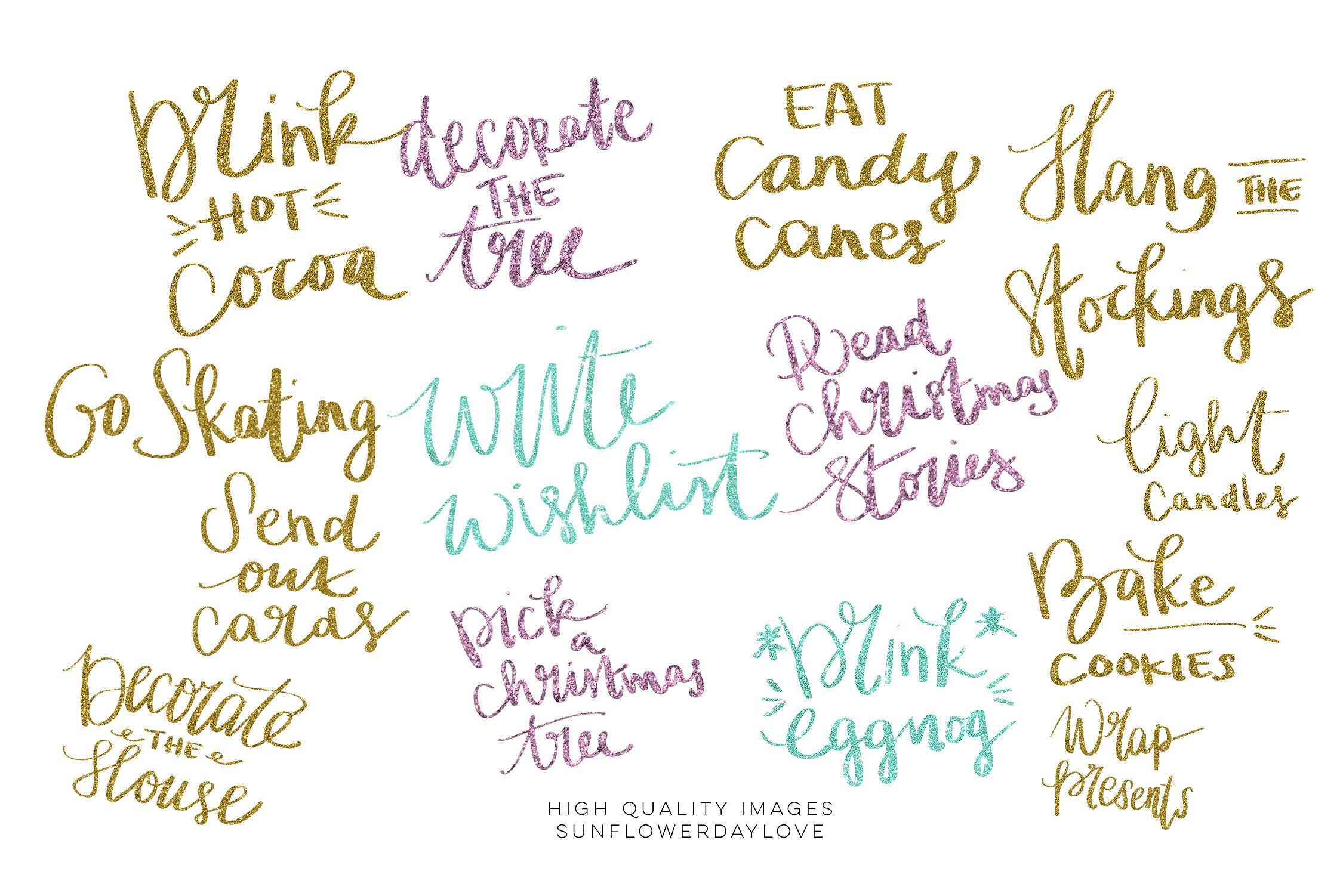 Glittery hand-lettered Christmas activity phrases in gold, purple, and teal on white background.