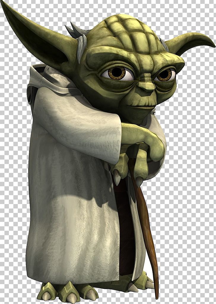 Yoda from Star Wars, green-skinned Jedi Master in a white robe, leaning on a wooden staff with large pointed ears and wise expression.