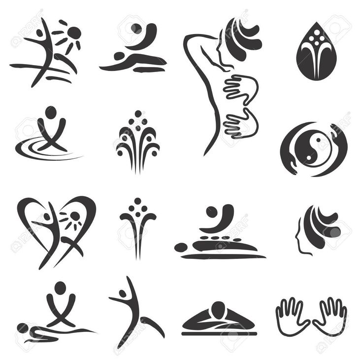 Collection of black-and-white wellness and spa-themed icons including massage, yoga, meditation, water therapy, and holistic symbols.