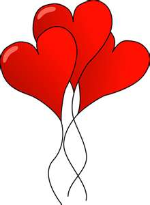 Four red heart-shaped balloons with white strings floating upward.