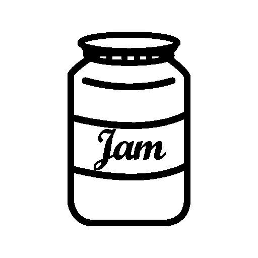 A simple black-and-white line drawing of a glass jar labeled "Jam" with a lid and horizontal bands.