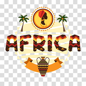 Stylized Africa logo with tribal patterns, palm trees, a traditional vessel, and a circular emblem featuring a profile silhouette.