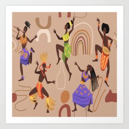 Vibrant illustration of six African dancers in colorful traditional attire performing joyfully against a beige background with abstract motifs.