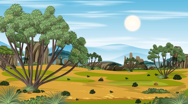 Serene savanna landscape with acacia trees, rocky outcrops, rolling hills, and a bright sun under a blue sky.