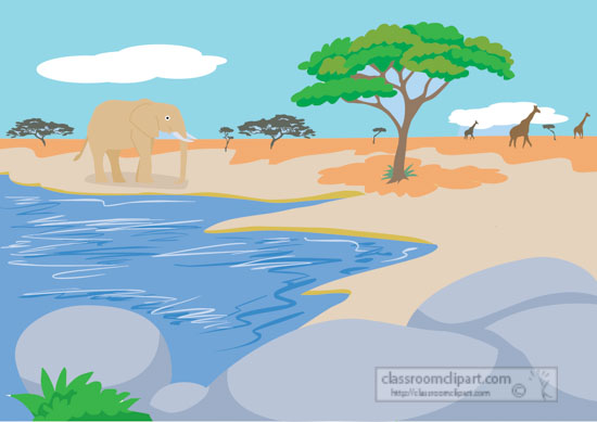 African savanna scene with elephant near river, acacia trees, giraffes, and rocky foreground under blue sky.