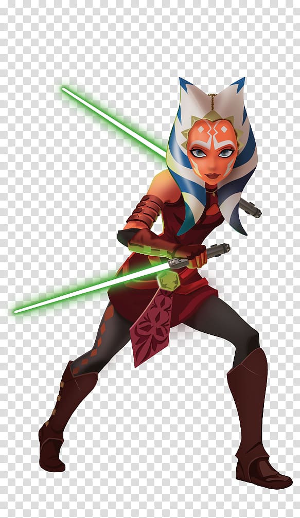 Ahsoka Tano in red Jedi robes wielding dual green lightsabers in a combat stance.