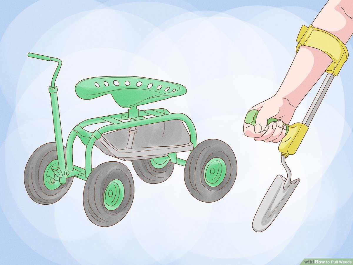 Green garden kneeler with wheels and a hand holding a trowel, illustrating weed-pulling tools.