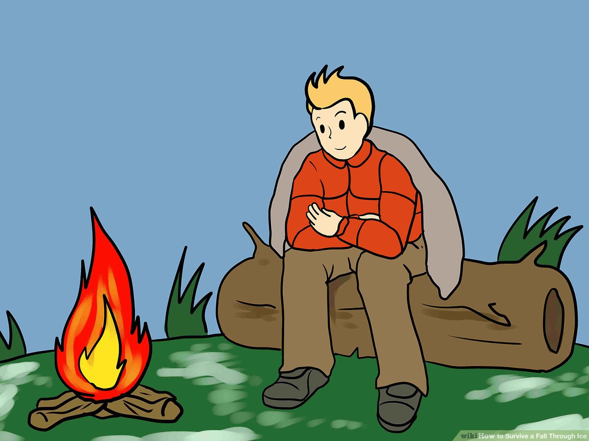 A cartoon man in an orange jacket sits on a log beside a campfire, wrapped in a blanket, smiling calmly.