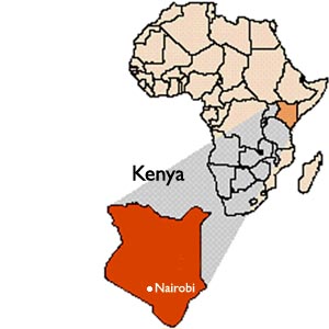 Map highlighting Kenya in orange with Nairobi marked, showing its location in East Africa relative to neighboring countries.