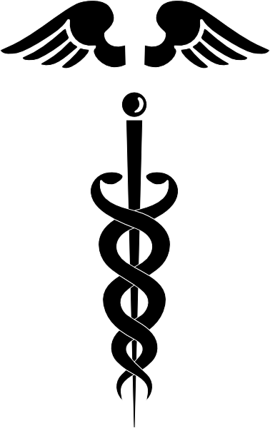 Black caduceus symbol with winged staff and two entwined serpents on white background.