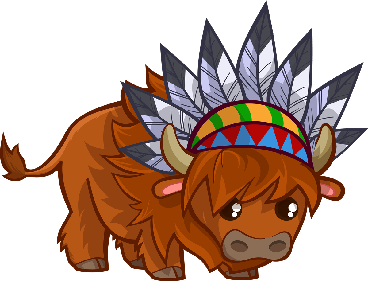 A cartoon bison wearing a colorful Native American-style feather headdress with silver feathers and geometric patterns.