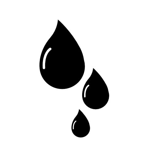 Three black stylized water droplets of varying sizes on a white background, symbolizing liquid, purity, or hydration.