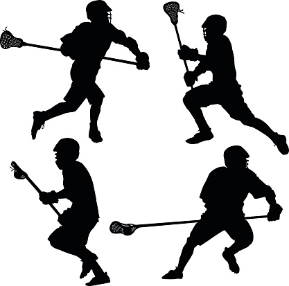 Four black silhouettes of lacrosse players in dynamic action poses with sticks and helmets on white background.