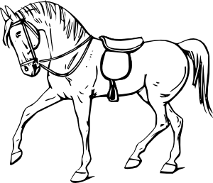 Line drawing of a saddled horse in motion, shown in profile with bridle and saddle.