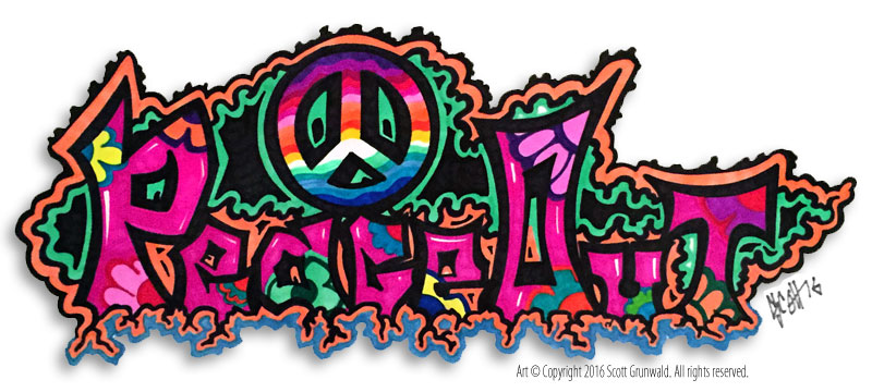 Vibrant graffiti-style "PEACE" artwork with rainbow peace symbol and bold outlines, signed by Scott Grunwald, 2016.