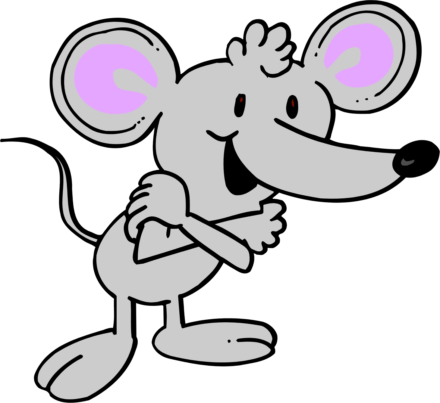 Cheerful cartoon gray mouse with large pink ears, smiling and waving.