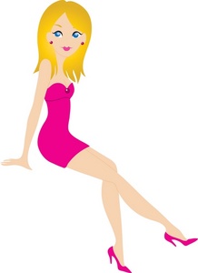 Cartoon illustration of a blonde woman in a pink dress and high heels, sitting elegantly.