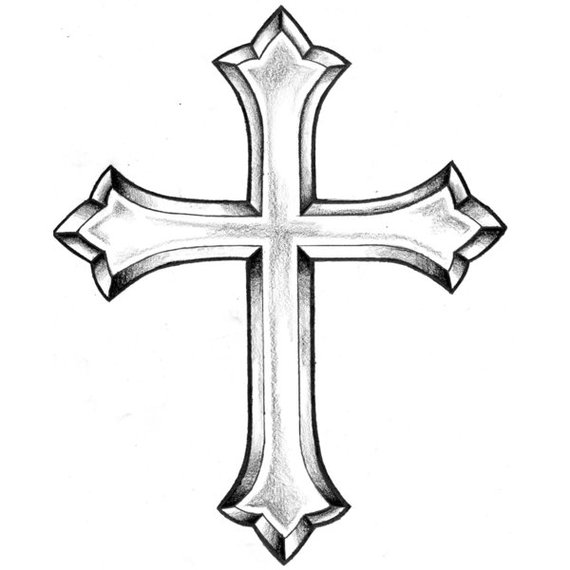 Detailed pencil sketch of a stylized ornate cross with pointed, layered edges and shading for depth.