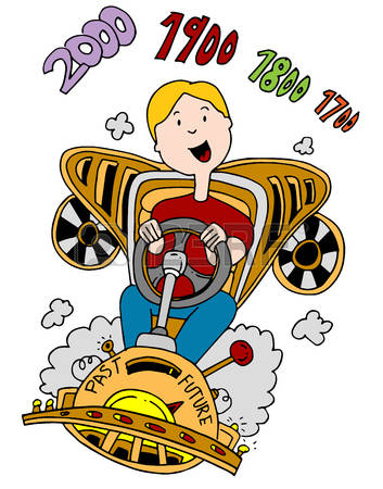 A joyful boy drives a time-traveling car through eras labeled 2000, 1900, 1800, 1700, with "Past" and "Future" on the vehicle.