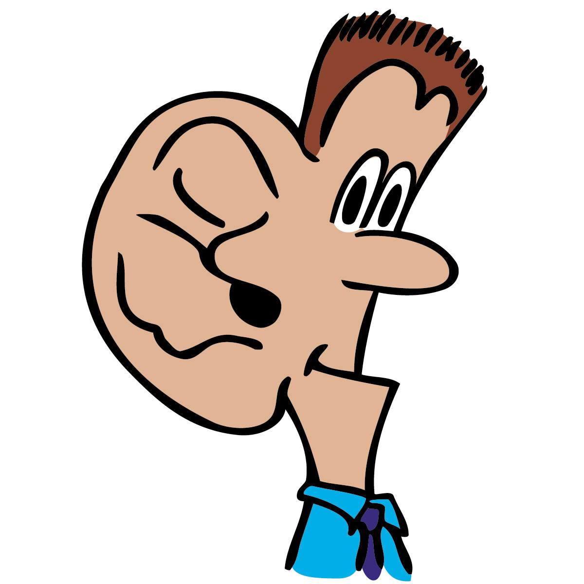 Cartoon man with oversized ear listening intently, wearing blue shirt and purple tie.