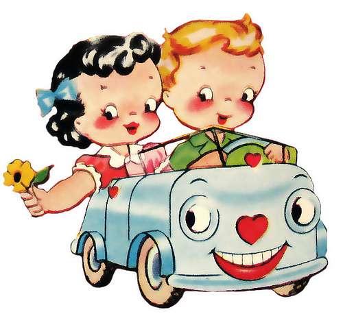 Vintage cartoon couple in a smiling car with hearts; girl holds yellow flower.