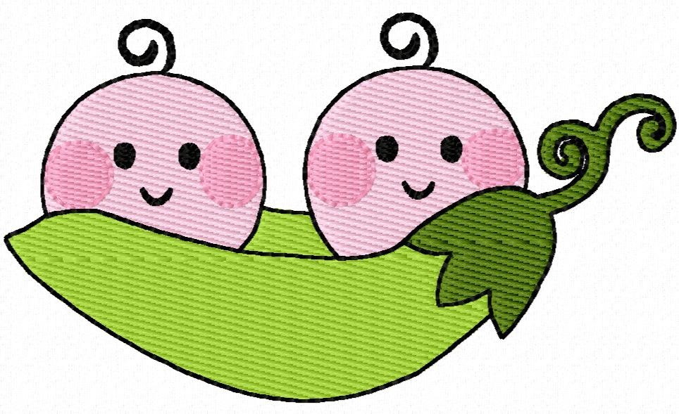 Two smiling pink baby peas in a green pod with curly tendrils, embroidered-style illustration.