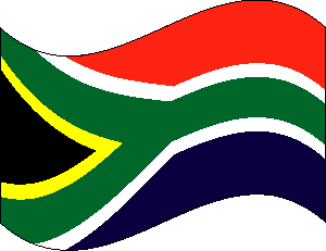 South African national flag waving, featuring red, white, blue, green, yellow, and black bands in a Y-shaped design.
