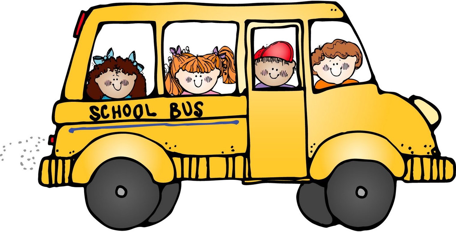 Yellow school bus with four smiling children looking out the windows, cartoon style.