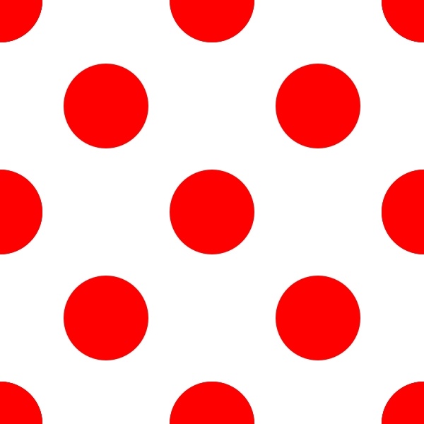 Red polka dots on white background, evenly spaced circular pattern.