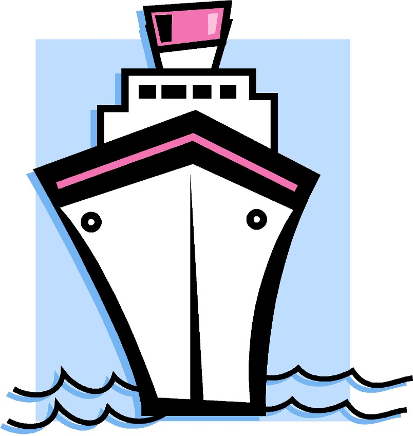 Stylized front view of a white cruise ship with pink accents sailing on blue water waves.