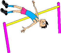 Cartoon athlete performing a high jump over a yellow bar with pink supports.