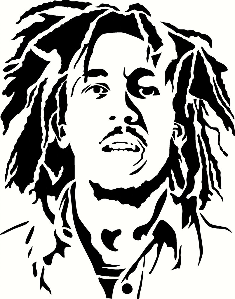 Black-and-white stencil portrait of a man with dreadlocks, beard, and open collar shirt, stylized with high-contrast lines.