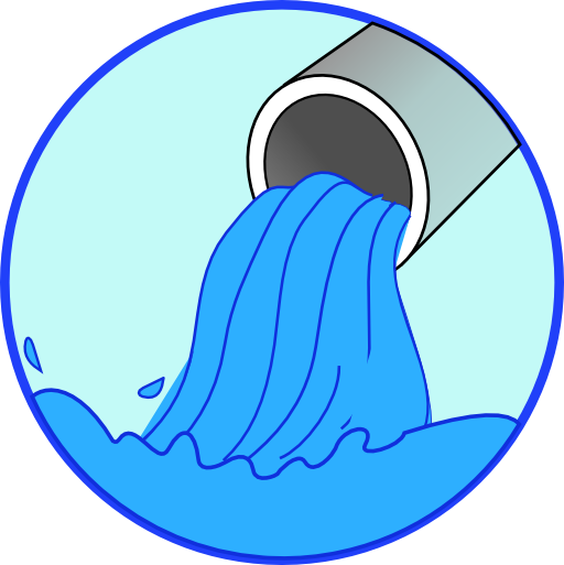 A circular icon depicting a gray pipe discharging blue water into a larger body of water, symbolizing wastewater outflow or drainage.