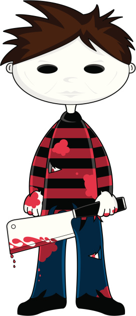 Cartoon horror character with messy brown hair, striped shirt, blood-stained cleaver and torn clothes.