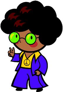 Cartoon character with afro hair, green glasses, peace sign, and purple suit with yellow shirt and peace symbol.
