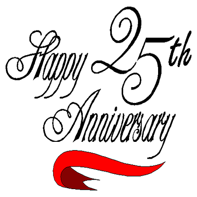 Elegant "Happy 25th Anniversary" calligraphy with red ribbon flourish.