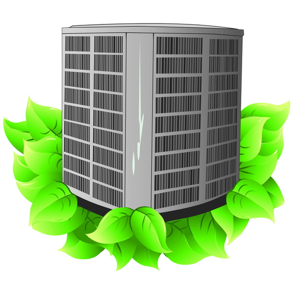 Energy-efficient HVAC unit surrounded by vibrant green leaves, symbolizing eco-friendly climate control.