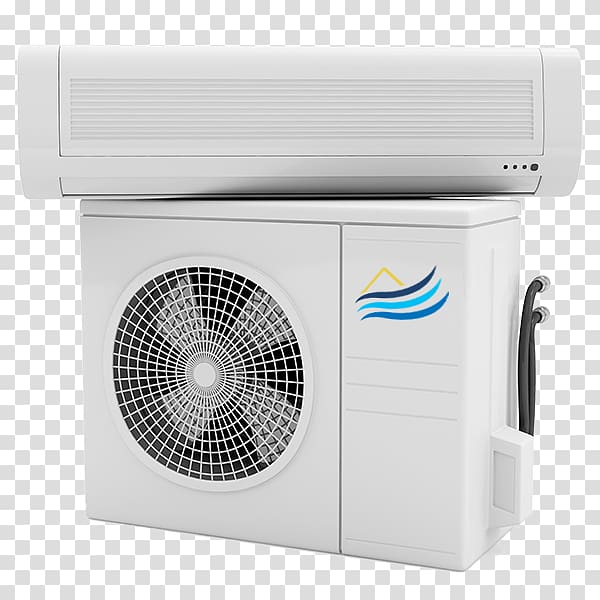 White split-type air conditioner with indoor unit mounted above outdoor condenser unit featuring fan grille and brand logo.
