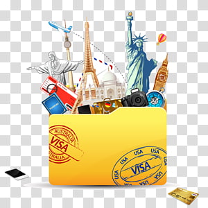 Yellow visa folder overflowing with global landmarks, travel gear, and passport stamps.