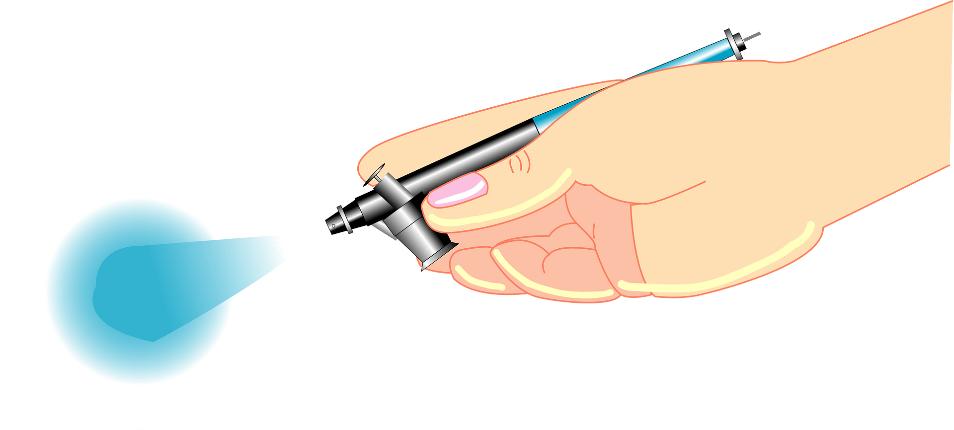 Hand holding a medical or cosmetic spray device dispensing a fine blue mist onto a surface.