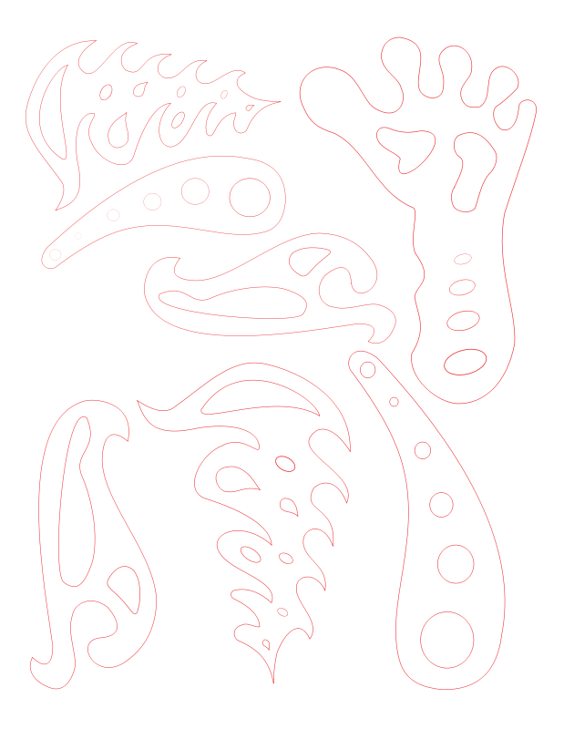 Red line-art illustration of abstract organic and flame-like shapes on black background.