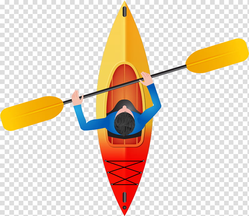 Top-down view of a person kayaking in a red-and-yellow kayak with a double-bladed paddle.