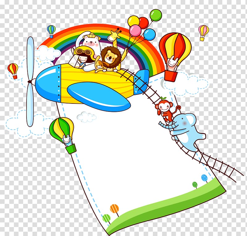 Cartoon airplane with animal passengers, rainbow, hot air balloons, and a blank paper landscape below.