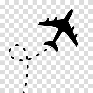 Black silhouette of an airplane flying with a dotted flight path trailing behind it on transparent background.