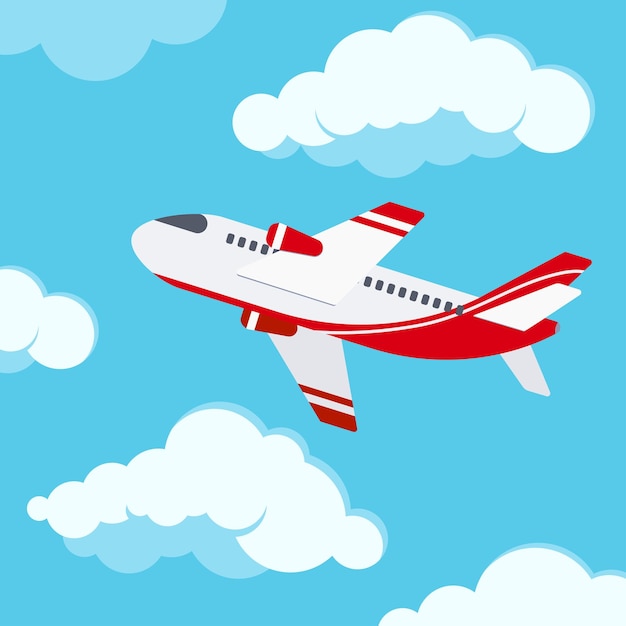 Red and white passenger airplane flying through a blue sky with fluffy white clouds.