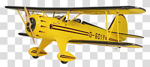 Bright yellow vintage biplane with black stripes and registration G-601Y, displayed against transparent background.