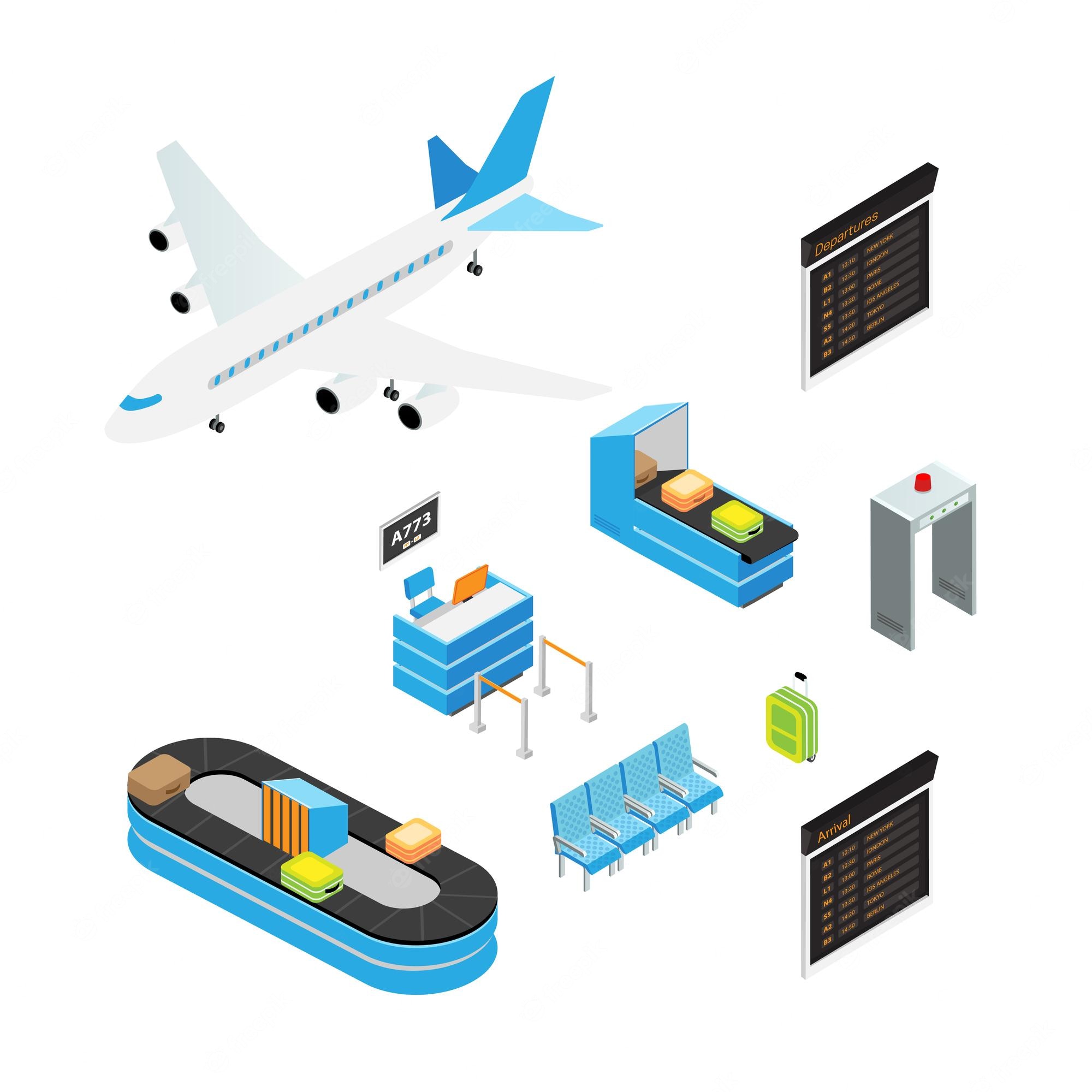 Isometric illustration of airport elements including airplane, check-in desk, baggage carousel, security scanner, seating, and flight info boards.