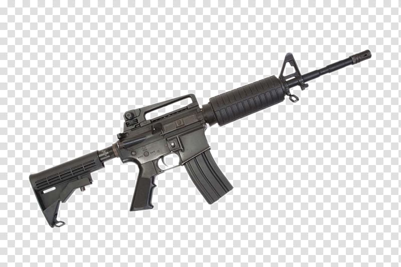 Black M4A1 carbine rifle with collapsible stock, Picatinny rail, and 30-round magazine on transparent background.