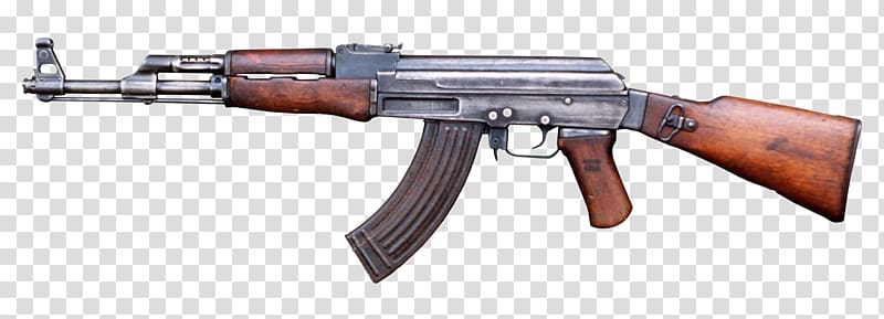AK-47 assault rifle with wooden stock and handguard, metal receiver, and curved magazine on transparent background.